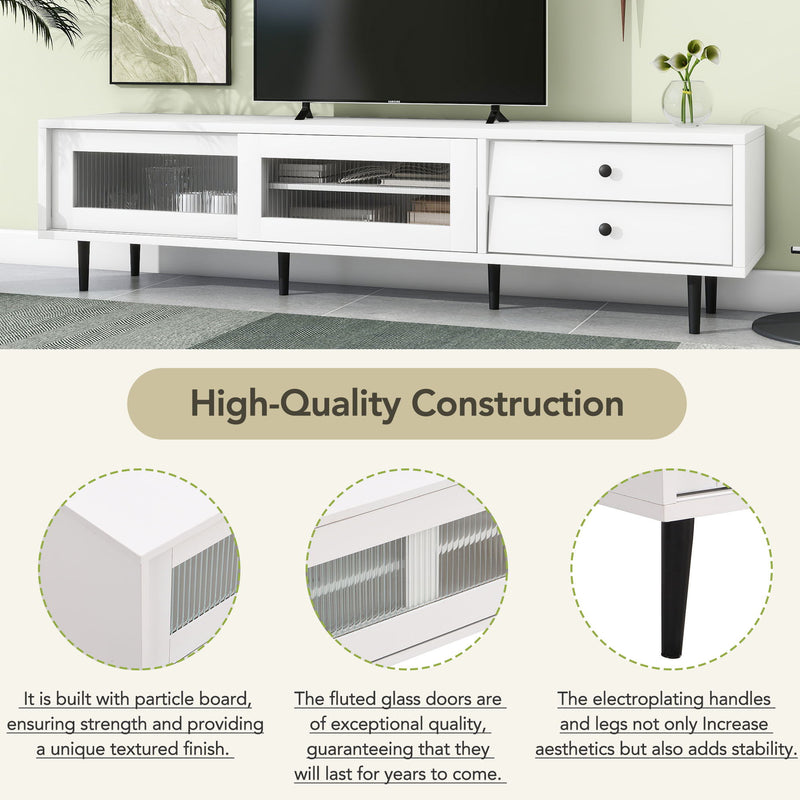 On-Trend Chic Elegant Design TV Stand With Sliding Fluted Glass Doors, Slanted Drawers Media Console For Tvs Up To 75", Modern TV Cabinet With Ample Storage Space, White
