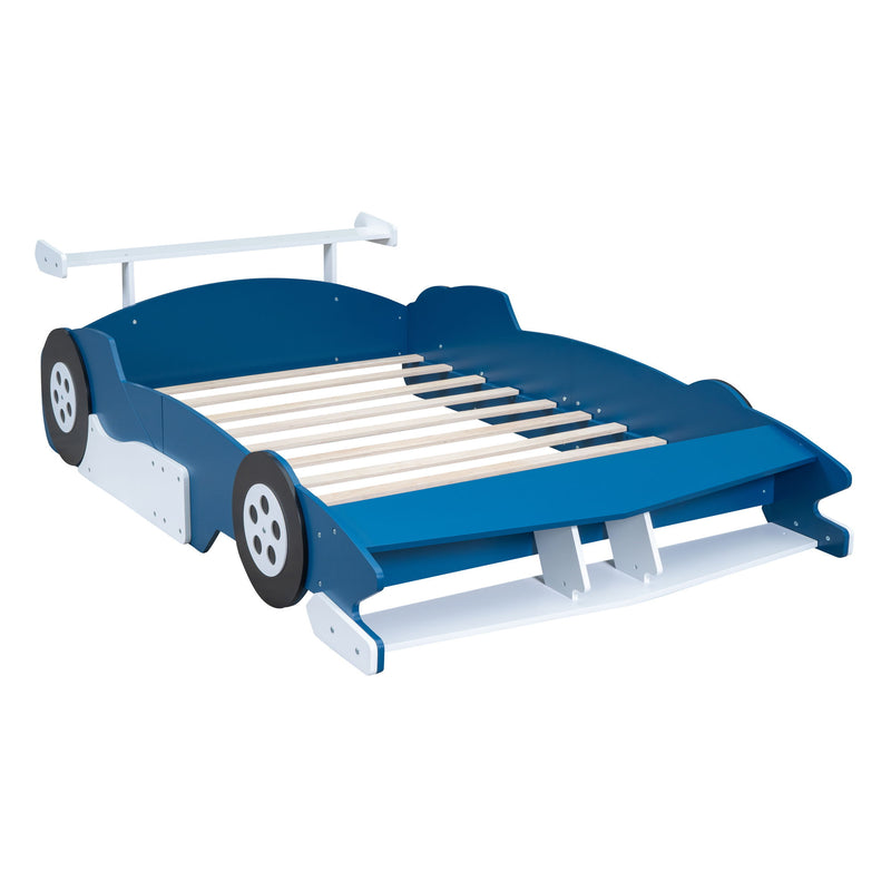 Full Size Race Car-Shaped Platform Bed With Wheels - Blue