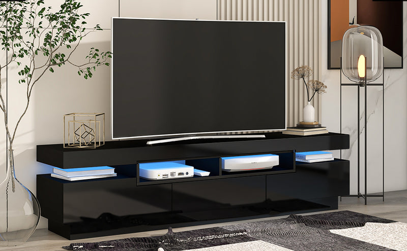 On-Trend TV Stand with 4 Open Shelves, Modern High Gloss Entertainment Center for 75 Inch TV, Universal TV Storage Cabinet with 16-color RGB LED Color Changing Lights, Black