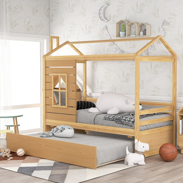 Twin Size House Bed Wood Bed With Twin Size Trundle (Natural)