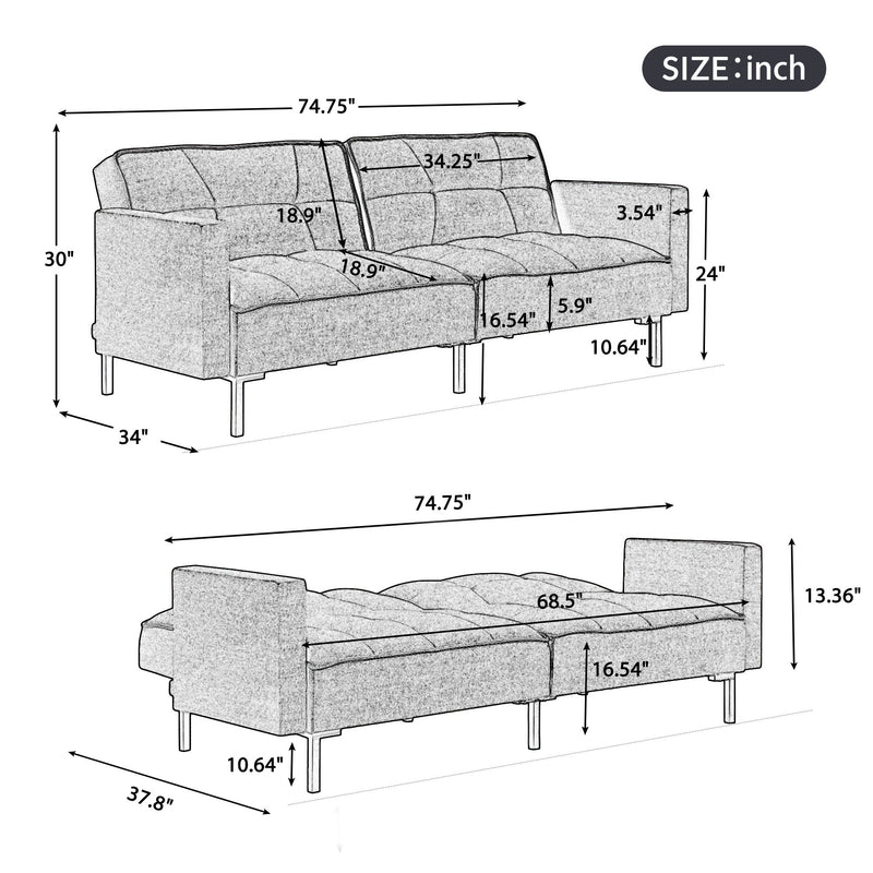 74. 8" Linen Upholstered Modern Convertible Folding Futon Sofa Bed For Compact Living Space, Apartment, Dorm