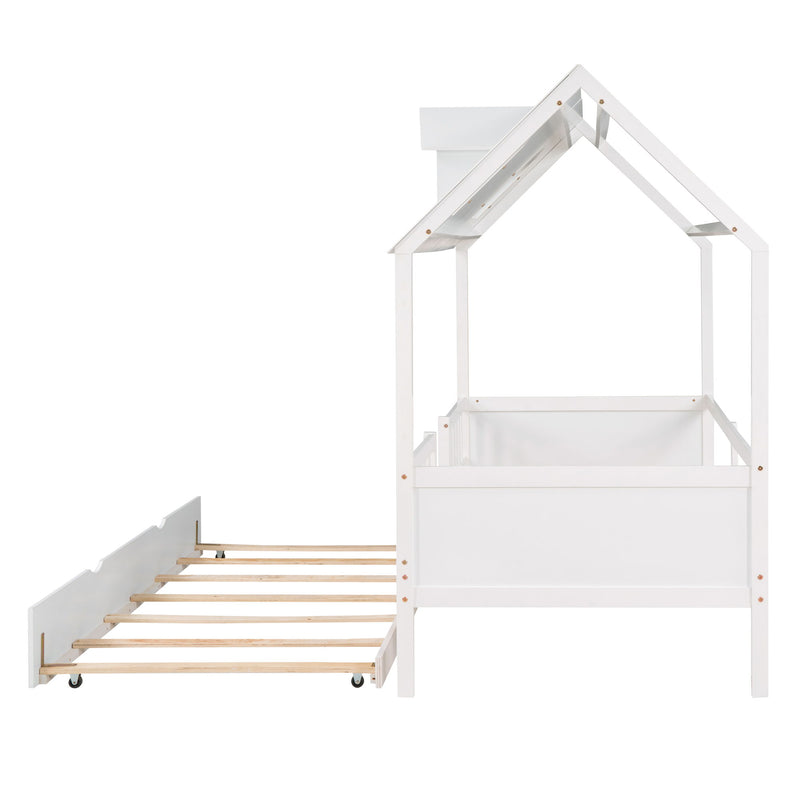 Twin Size House Bed Wood Bed With Twin Size Trundle (White)