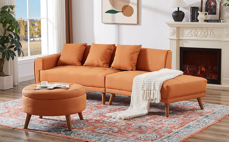 Contemporary Sofa Stylish Sofa Couch With A Round Storage Ottoman And Three Removable Pillows For Living Room, Orange