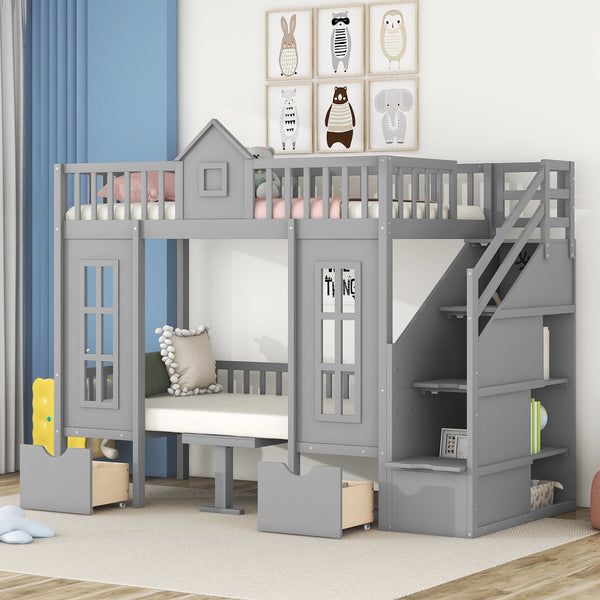 Twin-Over-Twin Bunk Bed With Changeable Table, Bunk Bed Turn Into Upper Bed And Down Desk - Gray