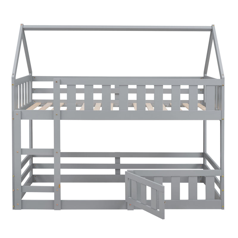 Twin Over Twin House Bunk Bed With Fence And Door, Gray
