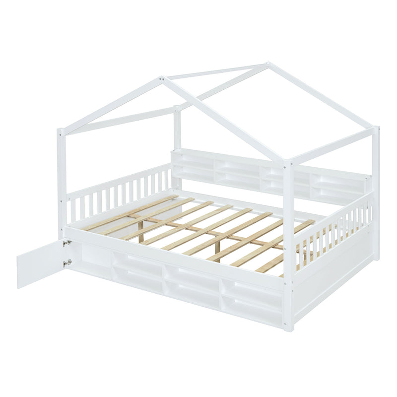 Full Size Wooden House Bed With Shelves And A Mini-Cabinet, White