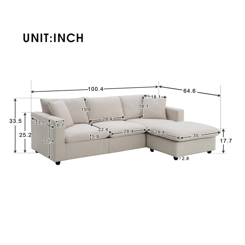 Modern Sectional Sofa, L-Shaped Couch Set With 2 Free Pillows, 4-Seat Polyester Fabric Couch Set With Convertible Ottoman For Living Room, Apartment, Office