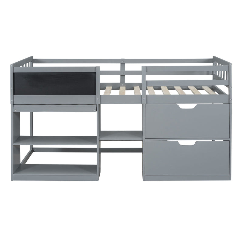 Twin Size Low Loft Bed With Rolling Desk, Shelf And Drawers - Gray