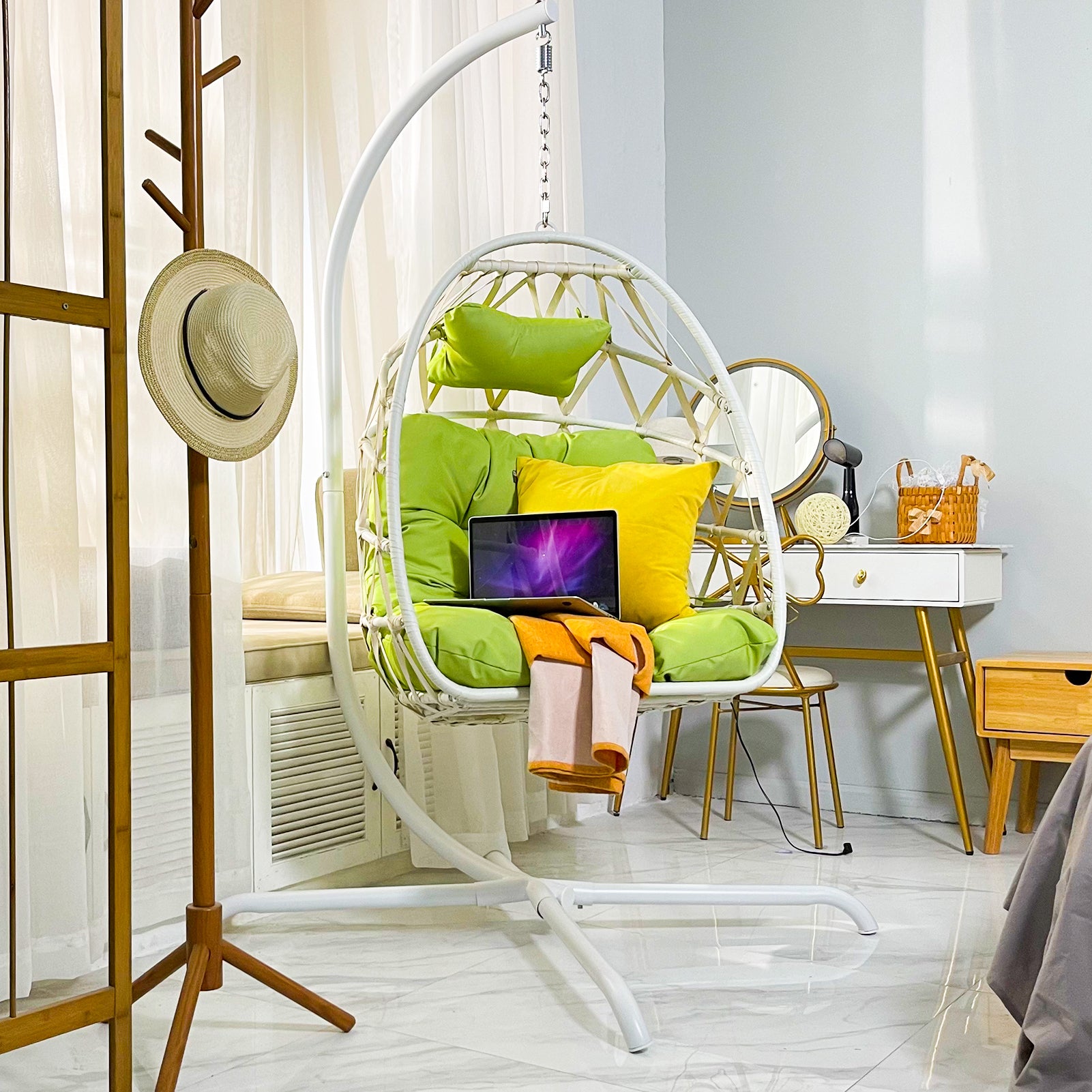 Swing Egg Chair with Stand Indoor Outdoor Wicker Rattan Patio Basket Hanging Chair with C Type bracket , with cushion and pillow,Patio Wicker folding Hanging Chair - Atlantic Fine Furniture Inc