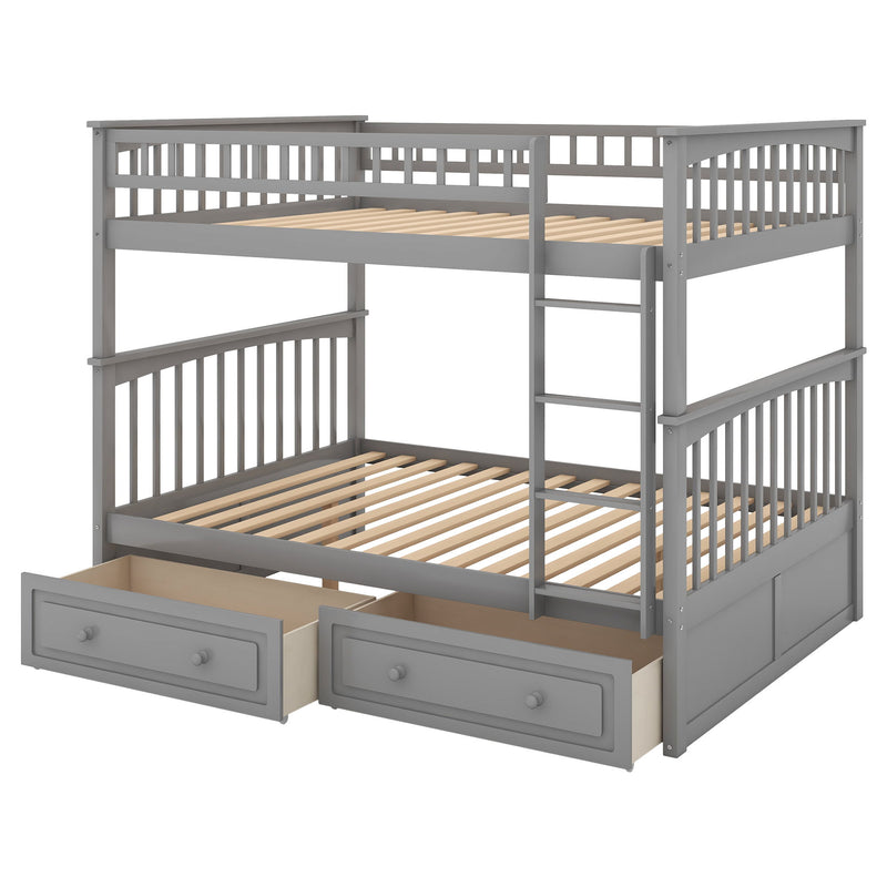 Full Over Full Bunk Bed With Drawers, Convertible Beds - Gray