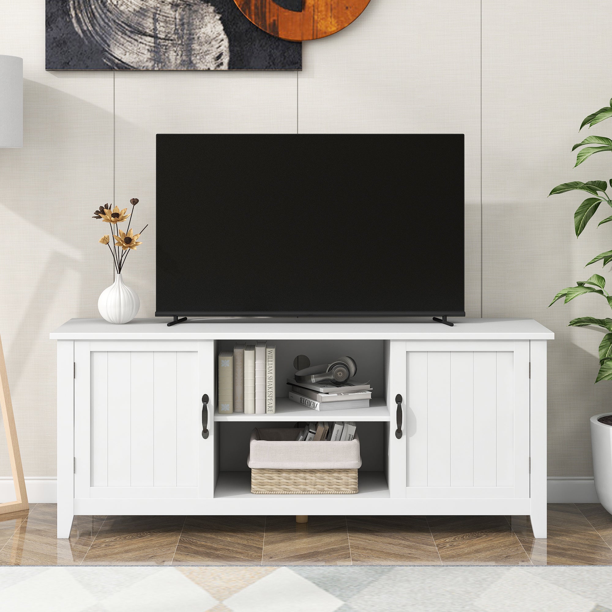 U-Can TV Stand for TV up to 60in with 2  Doors Adjustable Panels Open Style Cabinet, Sideboard for Living room, White - Atlantic Fine Furniture Inc