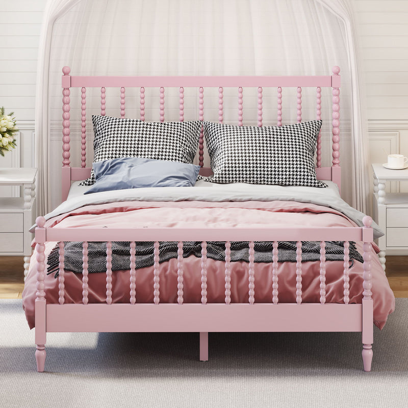 Queen Size Wood Platform Bed With Gourd Shaped Headboard And Footboard, Pink
