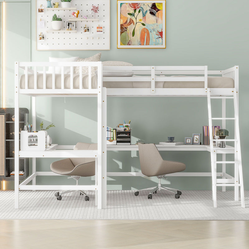 Wood Twin Size L-Shaped Loft Bed With Ladder And 2 Built-In L-Shaped Desks, White