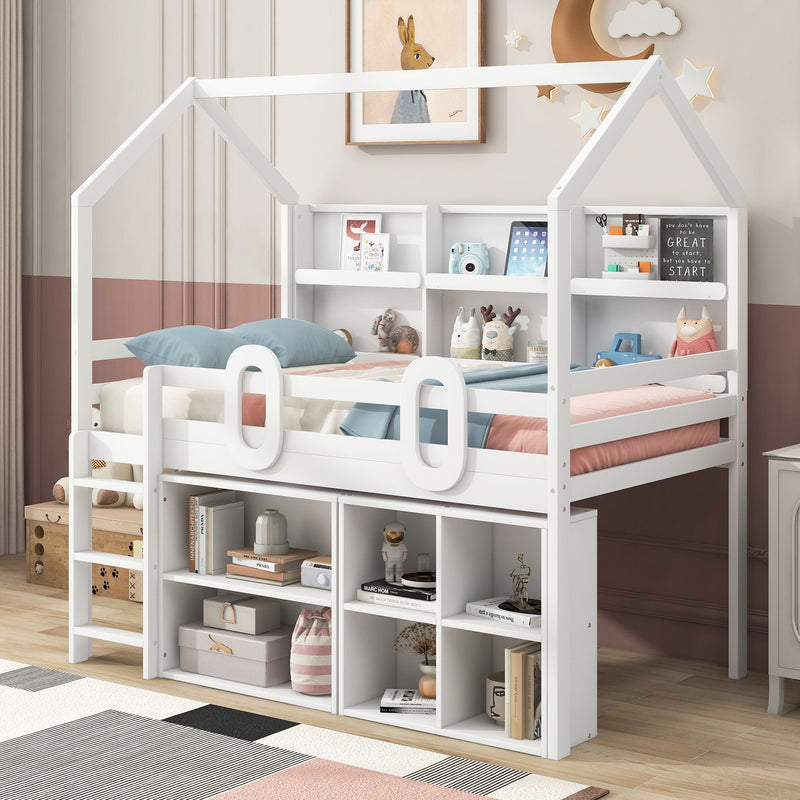 Twin Size House Loft Bed With Multiple Storage Shelves, White