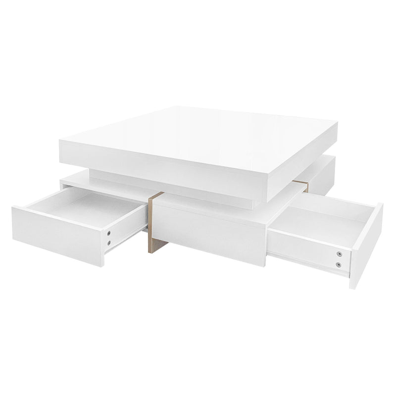 On-Trend Modern High Gloss Coffee Table With 4 Drawers, Multi Storage Square Cocktail Tea Table With Wood Grain Legs, Center Table For Living Room - White