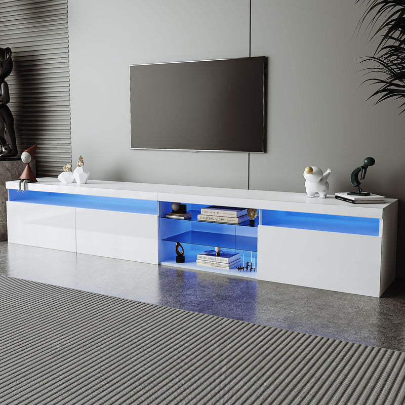 On-Trend Unique Design TV Stand With 2 Glass Shelves, Ample Storage Space Media Console For Tvs Up To 100", Versatile TV Cabinet With Led Color Changing Lights For Living Room, White