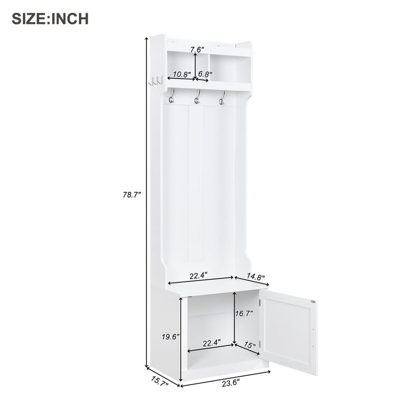 On Trend Minimalist Slim Hall Tree With Cabinet & 6 Hanging Hooks, Multi - Functional Storage Bench With Coat Rack, Elegant Foyer Cabinet For Hallway, Living Room, White