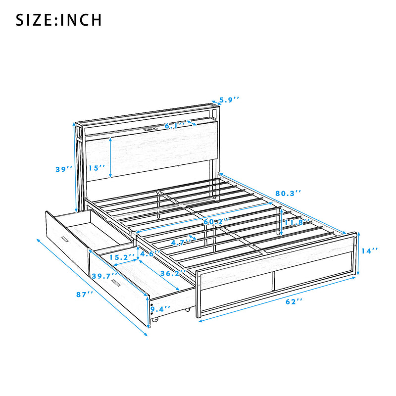 Queen Size Metal Platform Bed Frame With Four Drawers, Sockets And Usb Ports, Slat Support No Box Spring Needed White