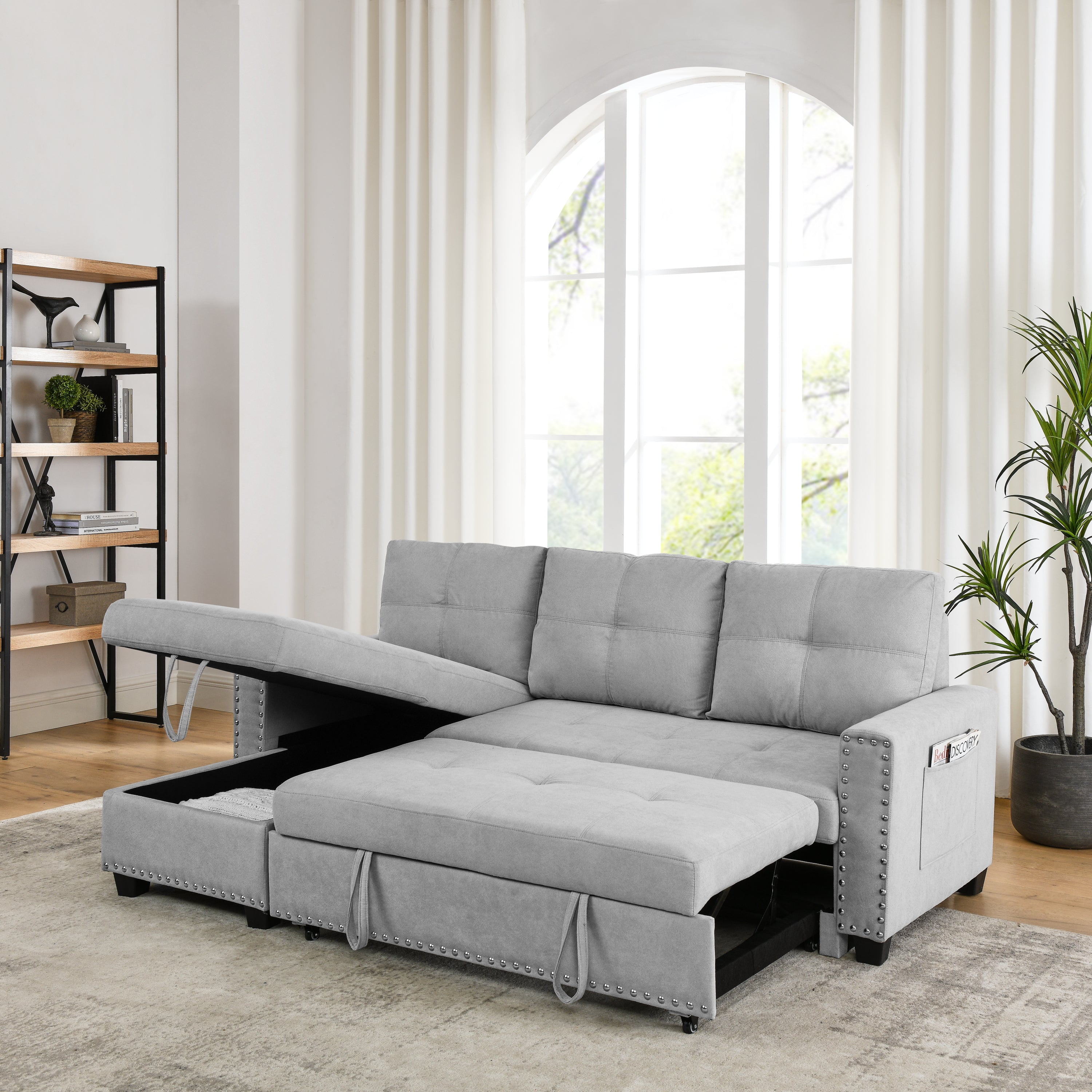[Video] MH 82" Sleeper Sofa Bed Reversible Sectional Couch with Storage Chaise and Side storage bag for Living Room Furniture Set, silver rivets on both hands - Atlantic Fine Furniture Inc