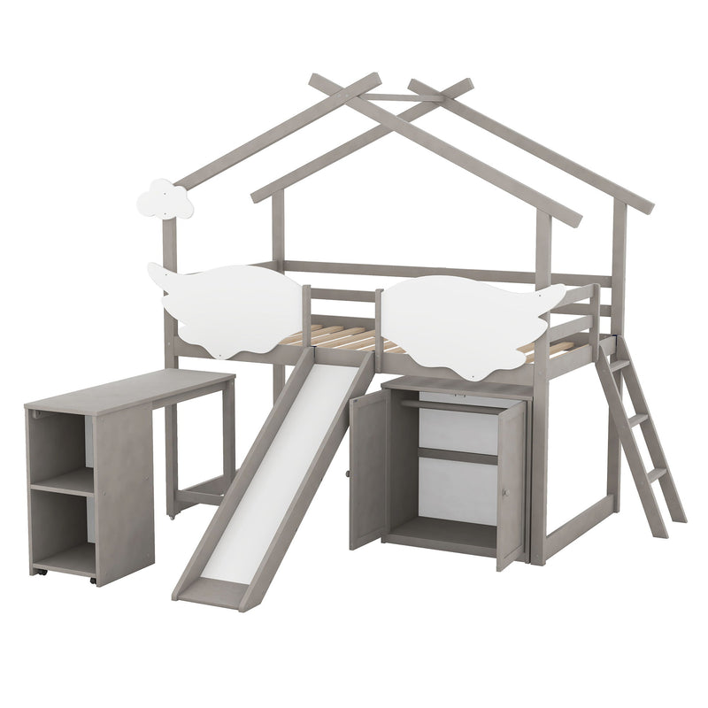 Twin Size House Bed With Wardrobe, Slide And Ladder, Wing-Shaped Fence, Pullable Desk With Storage, Worn Gray / White