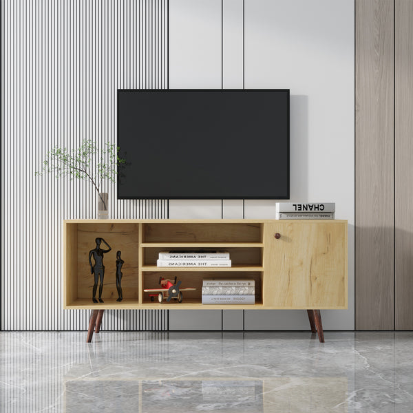 Mid-Century TV Stand for TVs up to 60 Inches, Entertainment Center with Open Storage Shelves & Cabinet, Modern TV Console for Living Room, Rustic Oak. - Atlantic Fine Furniture Inc