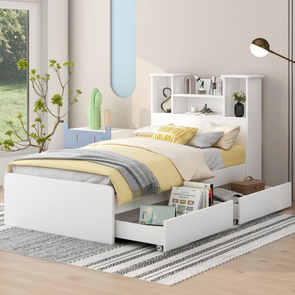 Twin Size Storage Platform Bed Frame With 4 Open Storage Shelves And 2 Storage Drawers, LED Light, White