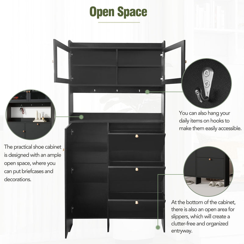 On-Trend Modernist Shoe Cabinet With Open Storage Space, Practical Hall Tree With 3 Flip Drawers, Multi-Functional & Integrated Foyer Cabinet With Tempered Glass Doors For Hallway, Black