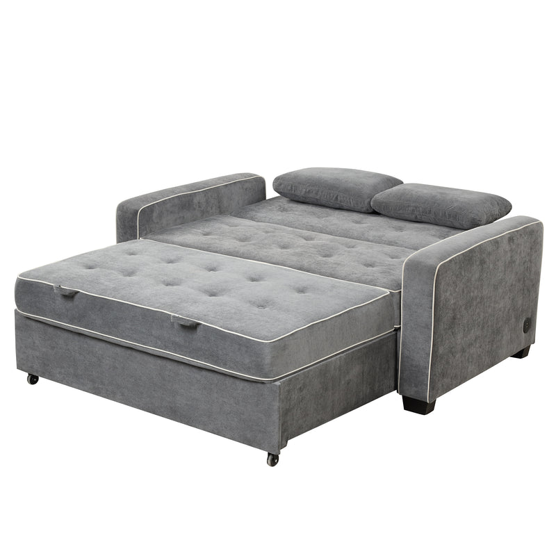 Linen Upholstered Sleeper Bed , Pull Out Sofa Bed Couch attached two throw pillows,Dual USB Charging Port and Adjustable Backrest for Living Room Space,Gray