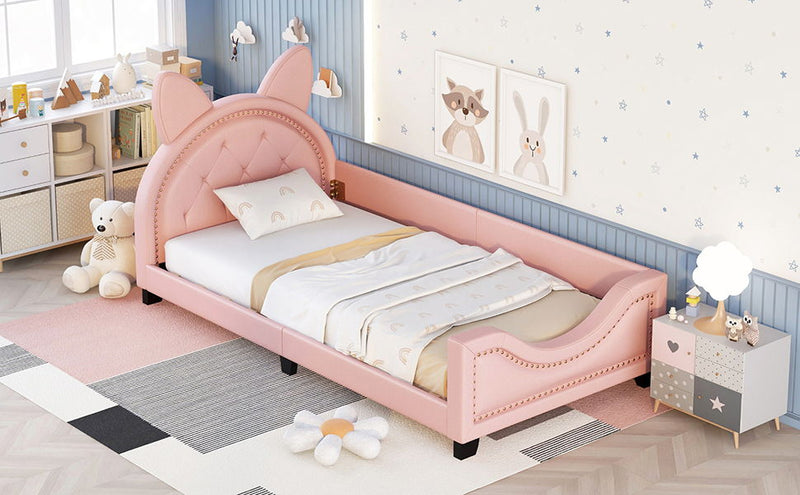 Twin Size Upholstered Daybed With Carton Ears Shaped Headboard, Pink