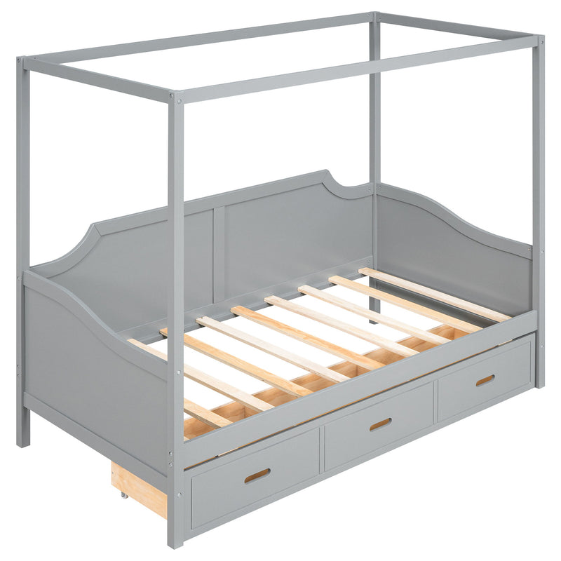 Twin Size Wooden Canopy Daybed With 3 In 1 Storage Drawers, Grey