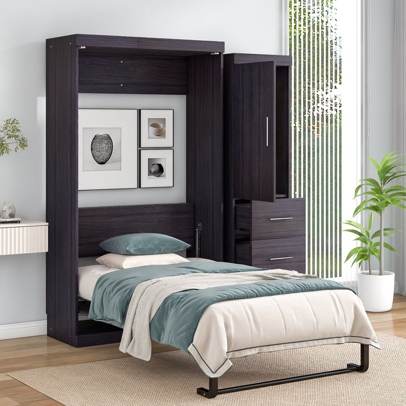 Twin Size Murphy Bed With Wardrobe And Drawers, Storage Bed, Can Be Folded Into A Cabinet, Gray