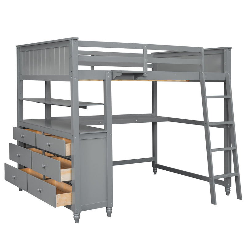 Full Size Loft Bed With Drawers And Desk, Wooden Loft Bed With Shelves - Gray