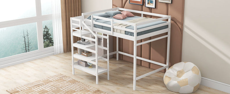 Full Size Loft Bed With Built-In Storage Staircase And Hanger For Clothes White