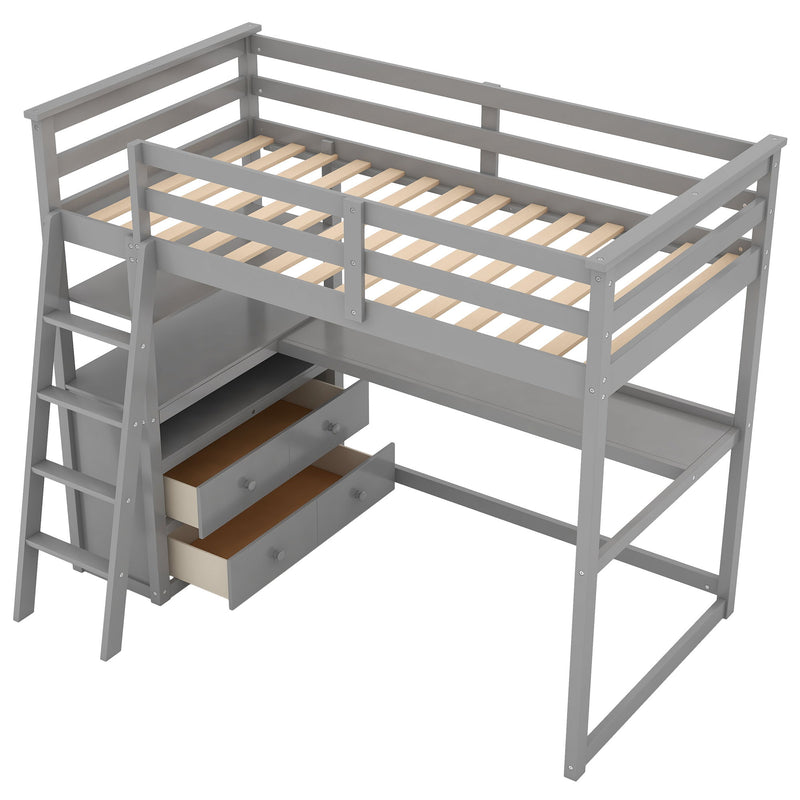 Twin Size Loft Bed With Desk And Shelves, Two Built-In Drawers, Gray