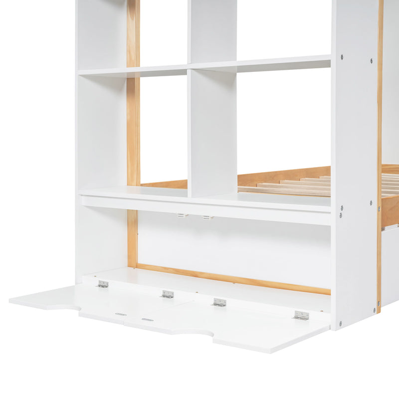 Twin Size House Platform Bed With Storage Shelves And Twin Size Trundle, White