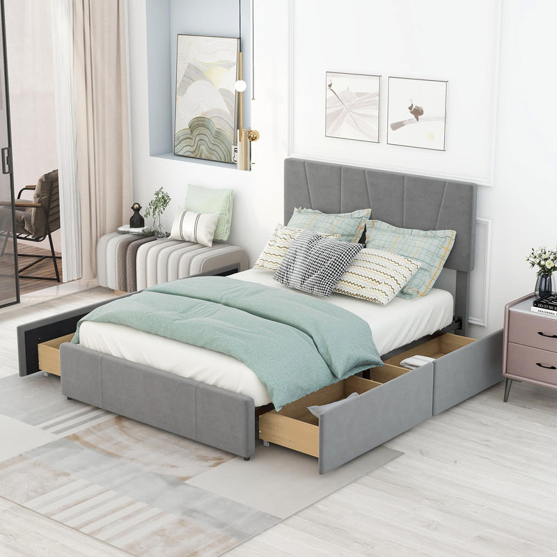 Full Size Upholstery Platform Bed With Four Drawers On Two Sides, Adjustable Headboard - Gray