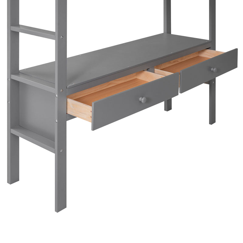 Full Size Loft Bed With Built-In Desk With Two Drawers, And Storage Shelves And Drawers - Gray