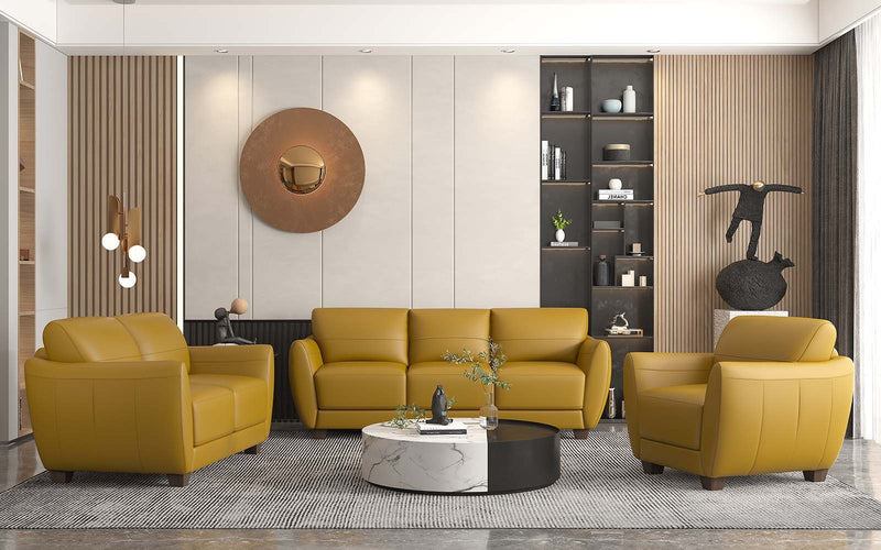 The Valeria sofa set is one you’ll want to spend lots of time in. This beautiful leather sofa features same tone stitching and unique wood block legs.