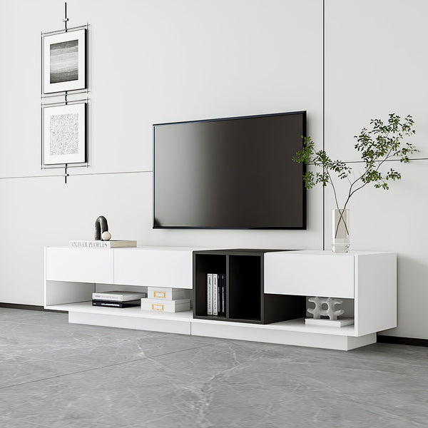 On-Trend Sleek And Stylish TV Stand With Perfect Storage Solution, Two-Tone Media Console For TVs Up To 80'', Functional TV Cabinet With Versatile Compartment For Living Room, White