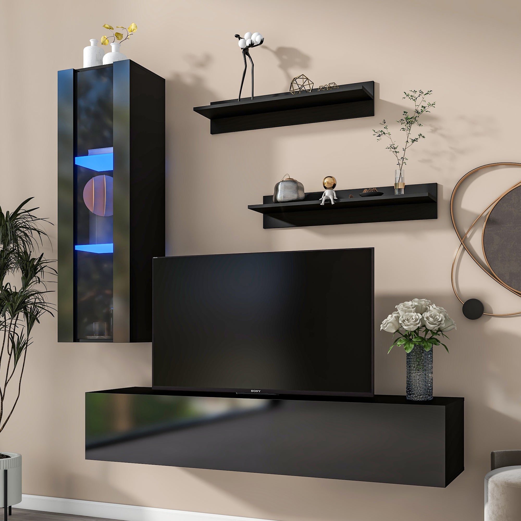 ON-TREND 4-Piece Wall Mount Floating TV Stand with See-through Media Storage Cabinet, Modern High Gloss Entertainment Center up to 70+ Inch TV, RGB Lights for Living Room, Home Theater, Black - Atlantic Fine Furniture Inc