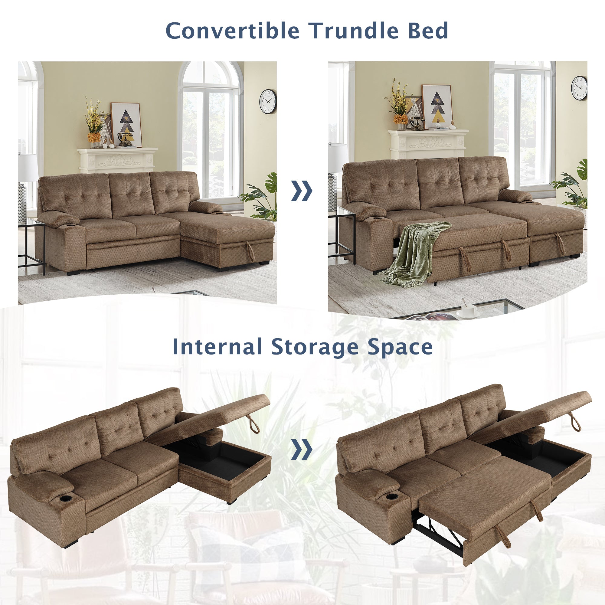 Orisfur. Modern Padded Upholstered  Sofa Bed Sleeper Sectional Sofa with Storage Chaise and Cup Holder for Living Room Furniture Set - Atlantic Fine Furniture Inc