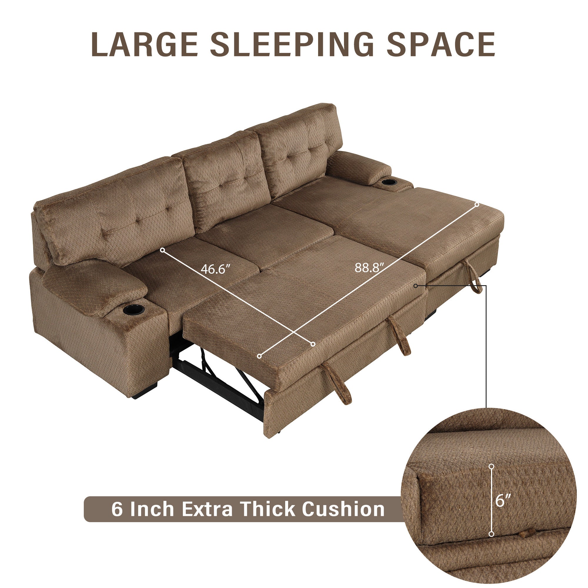 Orisfur. Modern Padded Upholstered  Sofa Bed Sleeper Sectional Sofa with Storage Chaise and Cup Holder for Living Room Furniture Set - Atlantic Fine Furniture Inc