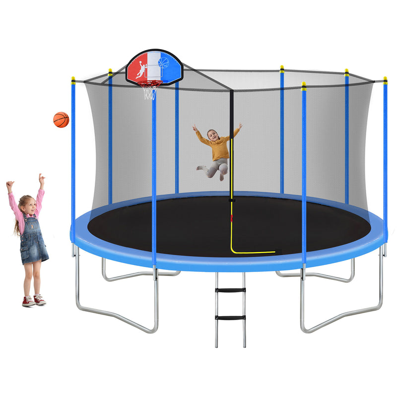 14FT Trampoline For Kids With Safety Enclosure Net - Basketball Hoop And Ladder - Easy Assembly Round Outdoor Recreational Trampoline - Blue