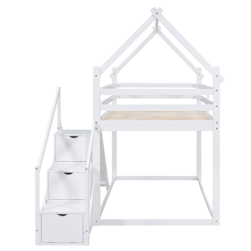 Twin Over Twin House Loft Or Bunk Bed With Slide And Staircase, White