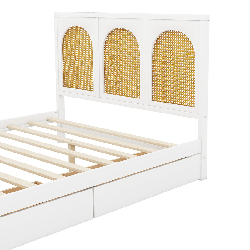 Full Size Wood Storage Platform Bed With 2 Drawers, Rattan Headboard And Footboard, White