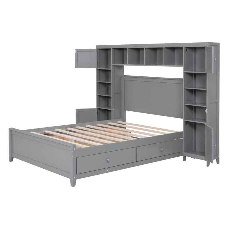 Full Size Wooden Bed With All-In-One Cabinet And Shelf, Gray
