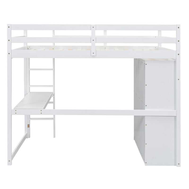 Wood Full Size Loft Bed With Built - In Wardrobe, Desk, Storage Shelves And Drawers, White