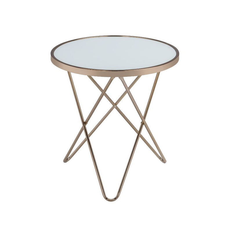 Update your living room with a functional art piece. The Valora end table uses a mid-century inspired base and supports a framed frosted glass top. The collection works well as an eclectic feel.