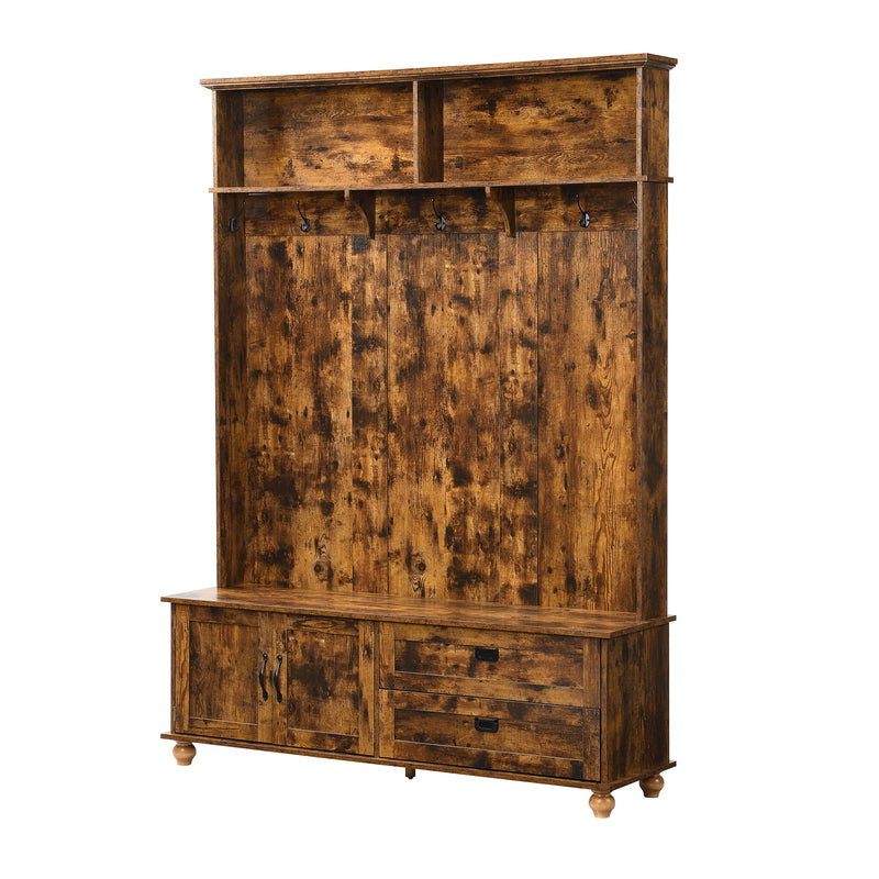 On-Trend Modern Style Hall Tree With Storage Cabinet And 2 Large Drawers, Widen Mudroom Bench With 5 Coat Hooks, Rustic Brown