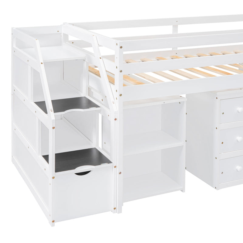 Twin Size Loft Bed With Retractable Writing Desk And 3 Drawers, Wooden Loft Bed With Storage Stairs And Shelves, White
